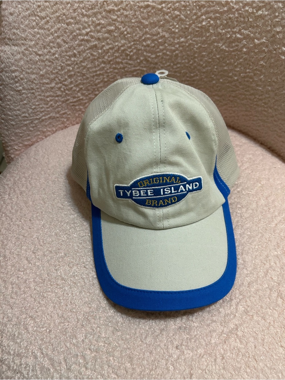 Tybee Island Branded Beige Cap with Bright Blue Trim